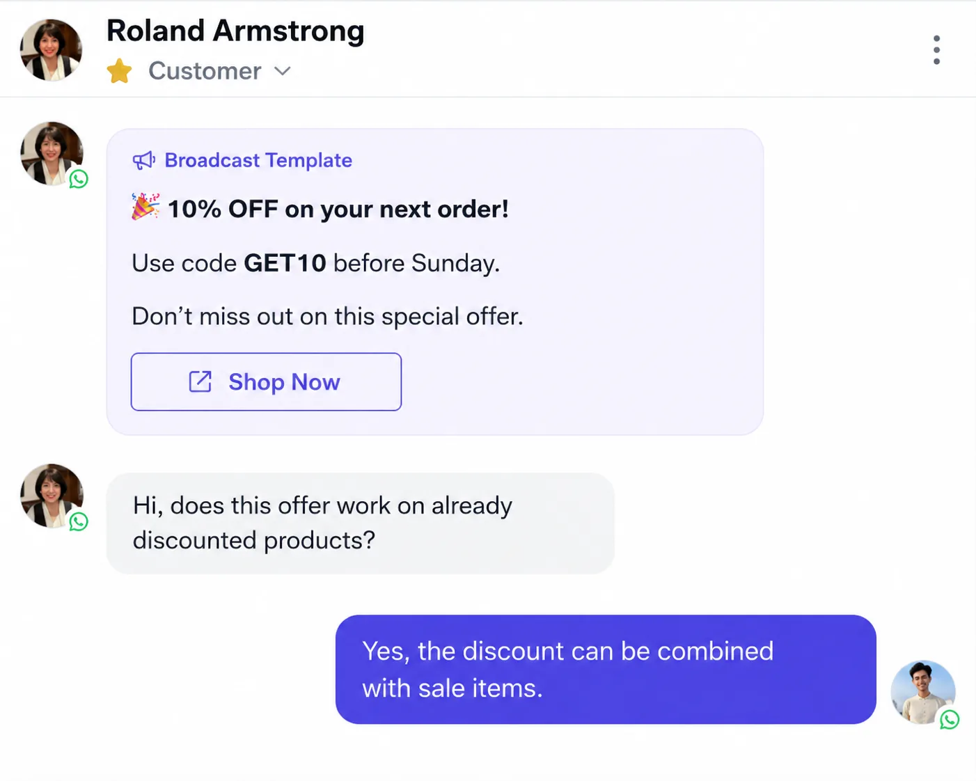 AxoDesk shared inbox showing broadcast replies assigned to sales and support teams