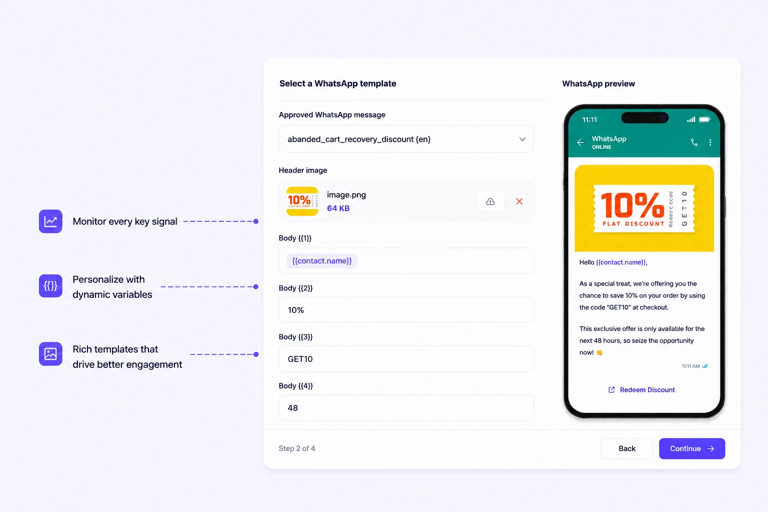 AxoDesk template preview with variables mapped to customer attributes